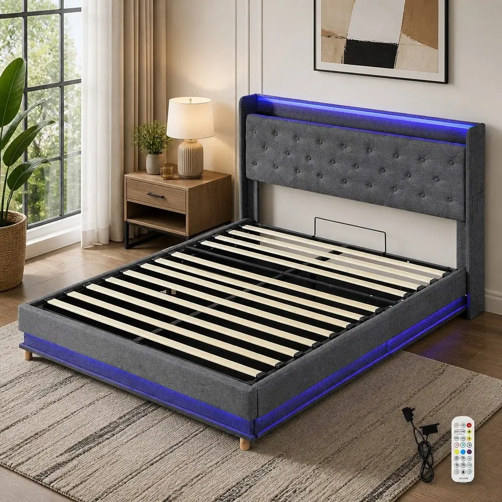 Double Bed Frame Grey Gas Lift Storage LED Light Headboard USB Charging