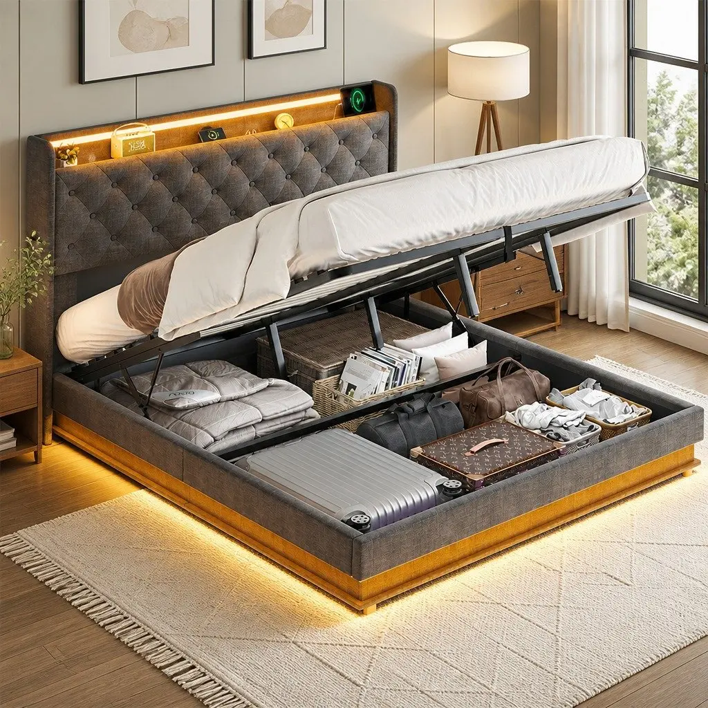 King Bed Frame Grey 218cm x 190cm Gas Lift Storage LED Light USB Charging Headboard