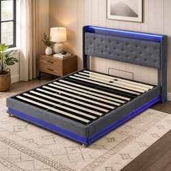 Queen Bed Frame Gas Lift Storage LED Headboard USB Charging Linen Upholstered