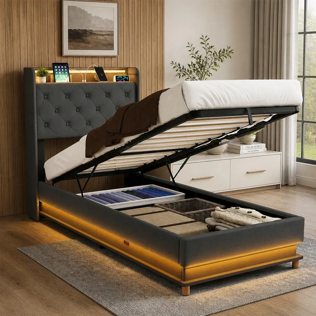 Single Bed Frame with Gas Lift and USB Charger