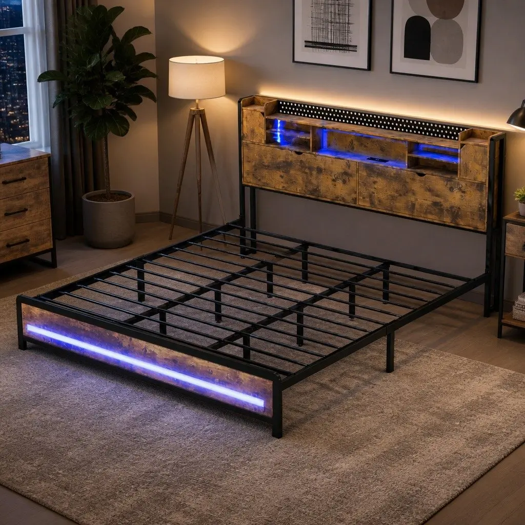 King Bed Frame with Smart LED Lighting & Ample Storage