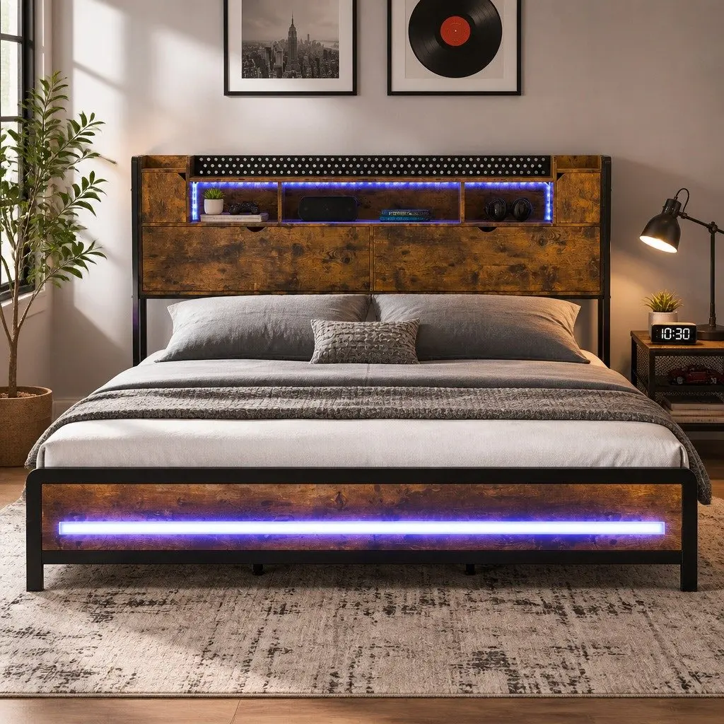 King Bed Frame with Smart LED Lighting & Ample Storage