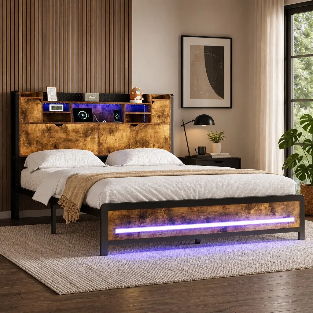 King Bed Frame with Smart LED Lighting & Ample Storage
