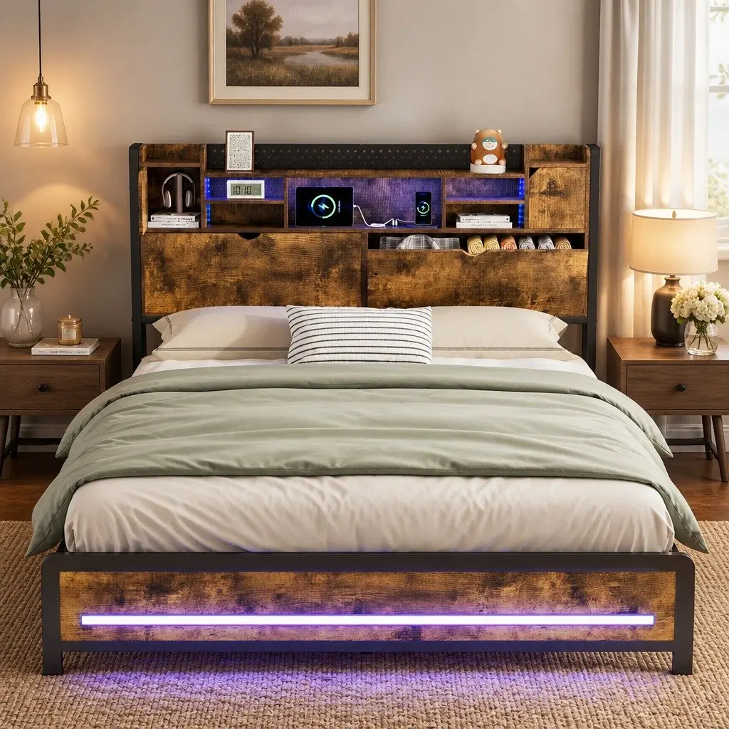 King Bed Frame with Smart LED Lighting & Ample Storage