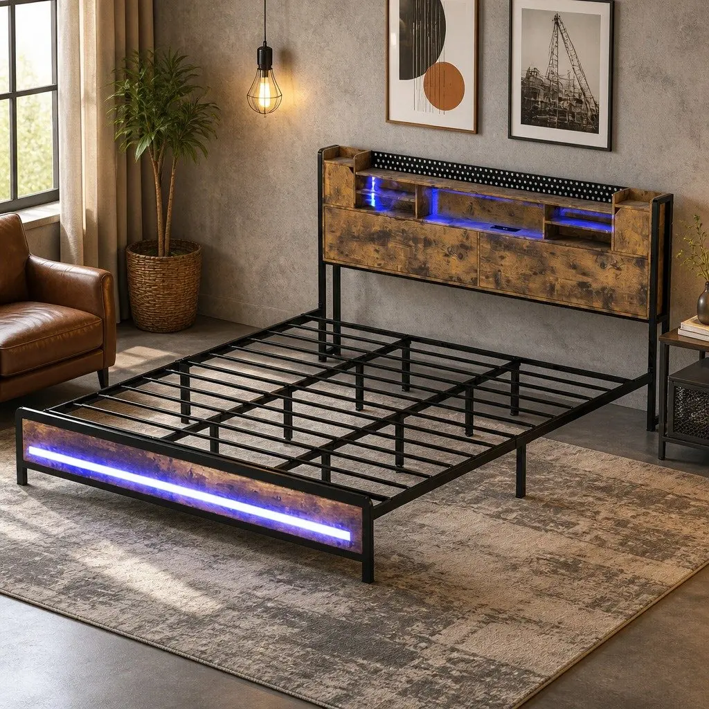 King Bed Frame with Smart LED Lighting & Ample Storage