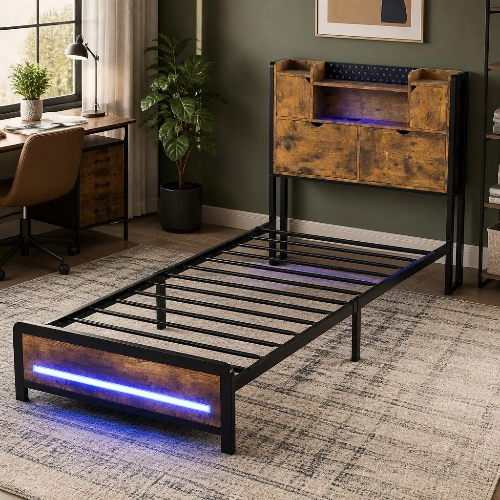 Single Bed Frame with Storage Headboard RGB LED Industrial Metal Bedroom