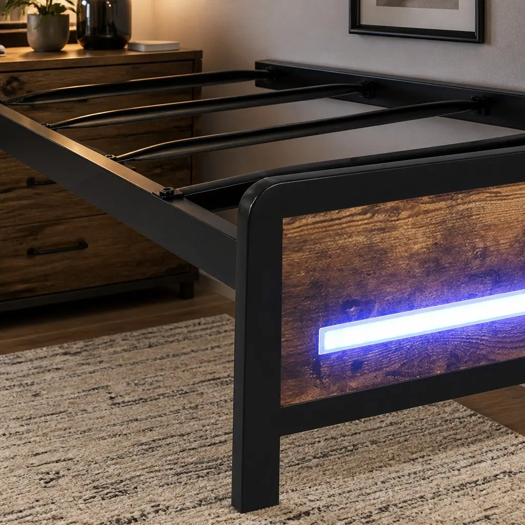Single Bed Frame with Storage Headboard RGB LED Industrial Metal Bedroom