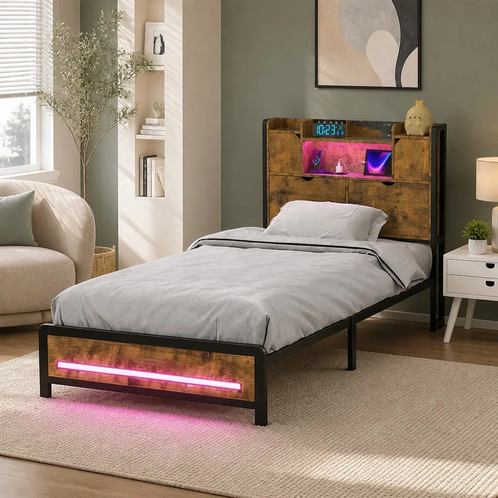 Single Bed Frame with Storage Headboard RGB LED Industrial Metal Bedroom