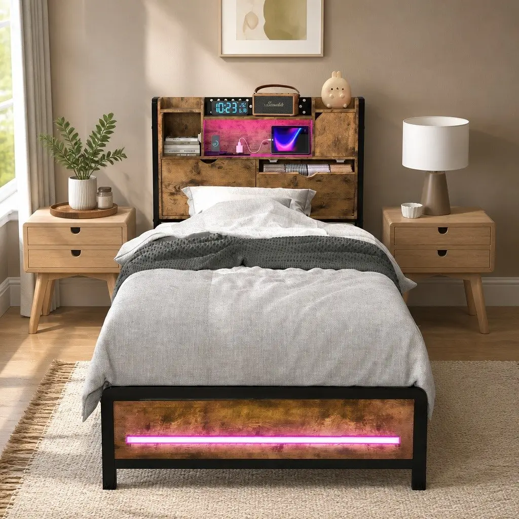 Single Bed Frame with Storage Headboard RGB LED Industrial Metal Bedroom