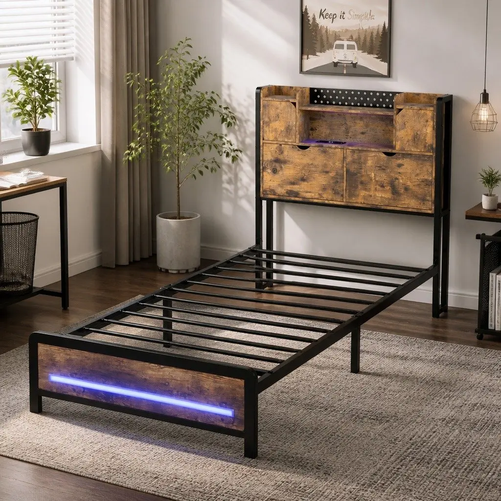 Single Bed Frame with Storage Headboard RGB LED Industrial Metal Bedroom