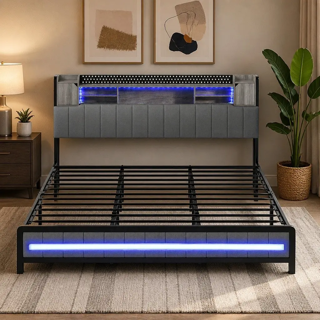 King Bed Frame with Storage Headboard RGB LED Lights Charging Station