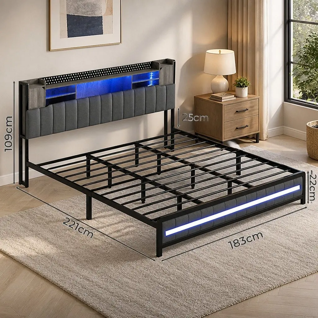 King Bed Frame with Storage Headboard RGB LED Lights Charging Station