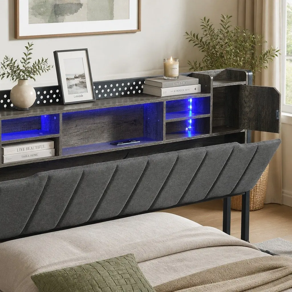 King Bed Frame with Storage Headboard RGB LED Lights Charging Station
