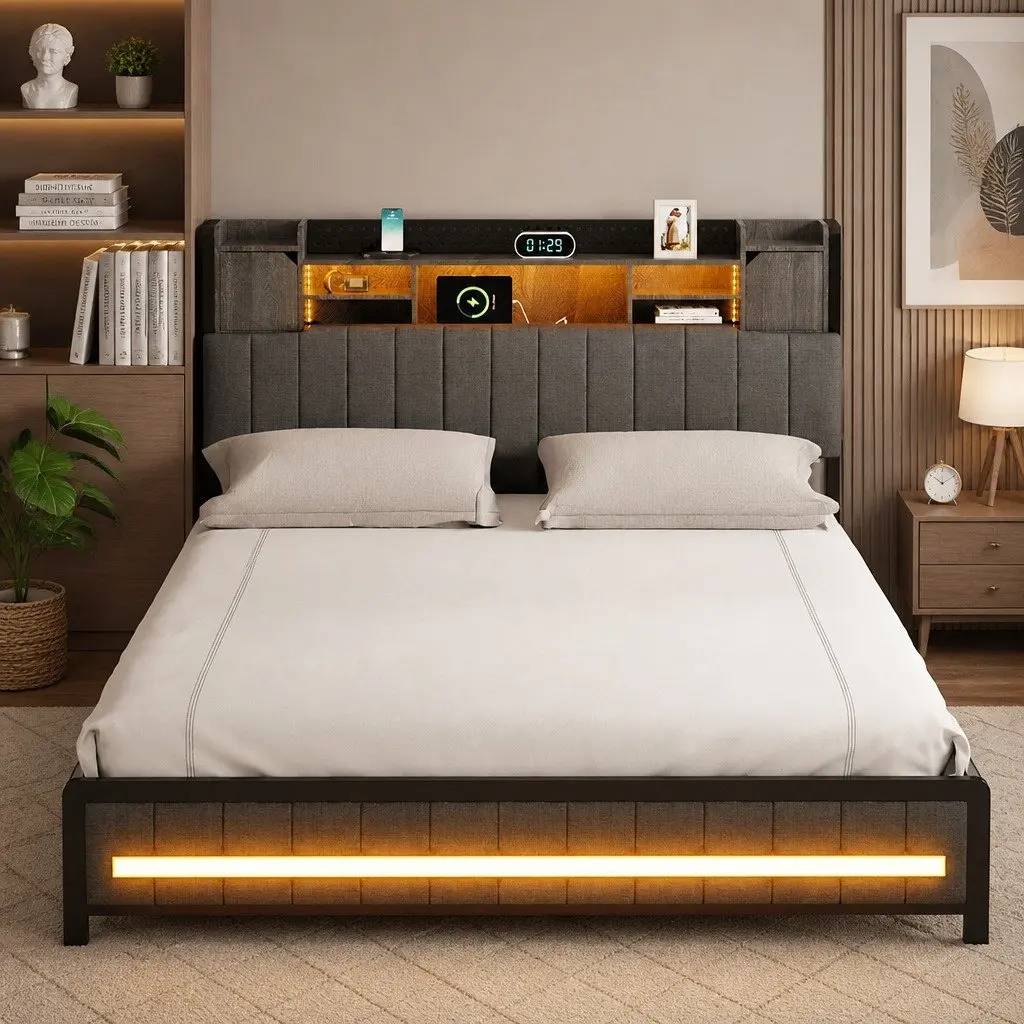 King Bed Frame with Storage Headboard RGB LED Lights Charging Station