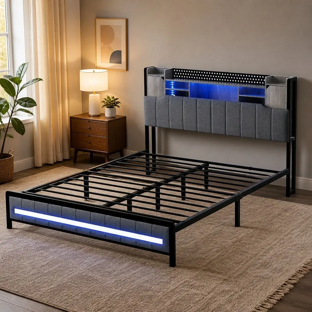 Queen Bed Frame with Storage & LED Lighting