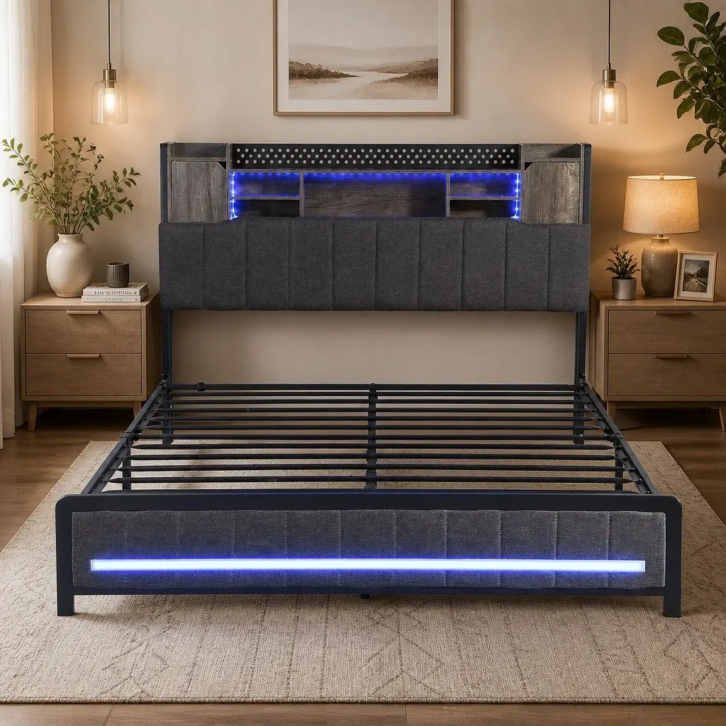 Queen Bed Frame with Storage & LED Lighting