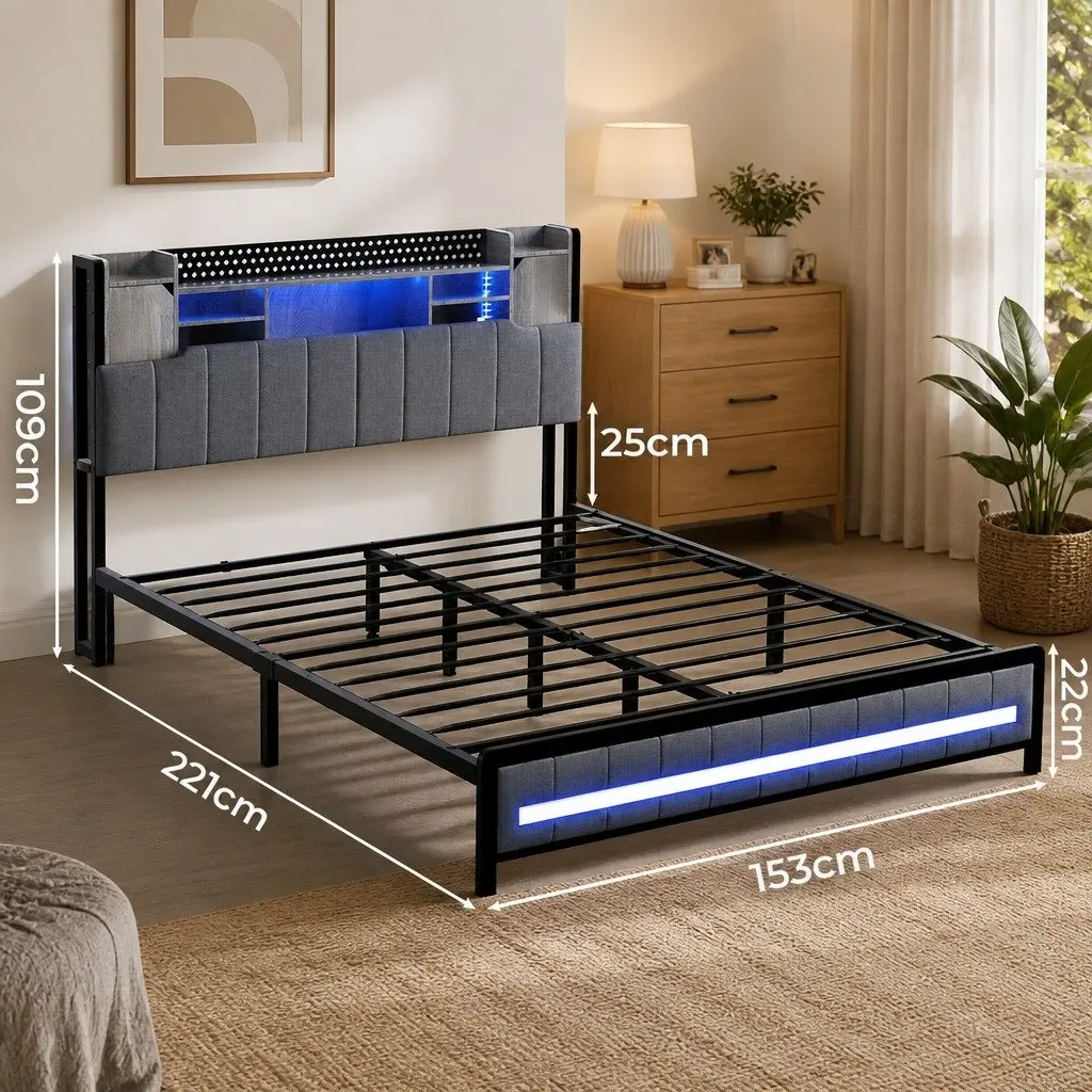 Queen Bed Frame with Storage & LED Lighting