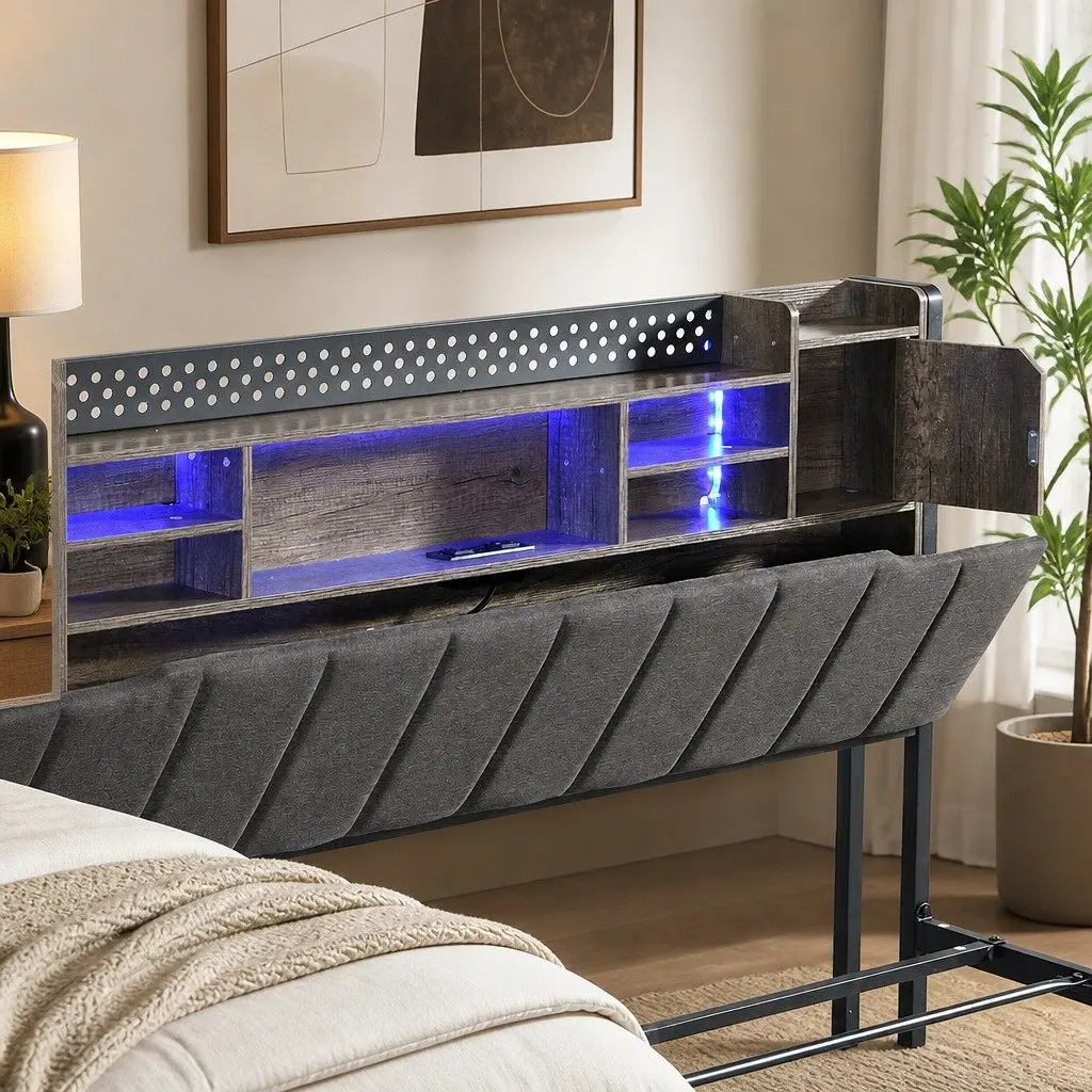 Queen Bed Frame with Storage & LED Lighting