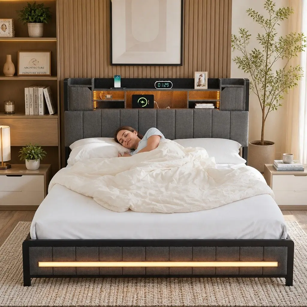 Queen Bed Frame with Storage & LED Lighting