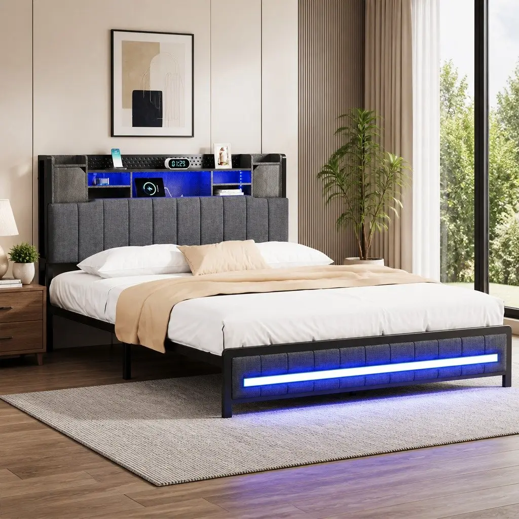 Queen Bed Frame with Storage & LED Lighting
