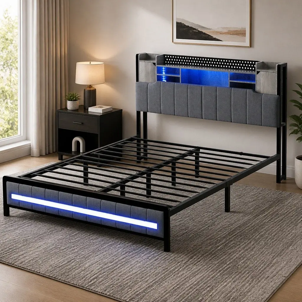 Queen Bed Frame with Storage & LED Lighting
