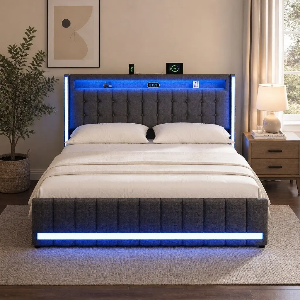 Double Bed Frame with Storage Drawers LED Lighting USB Ports Power Outlets