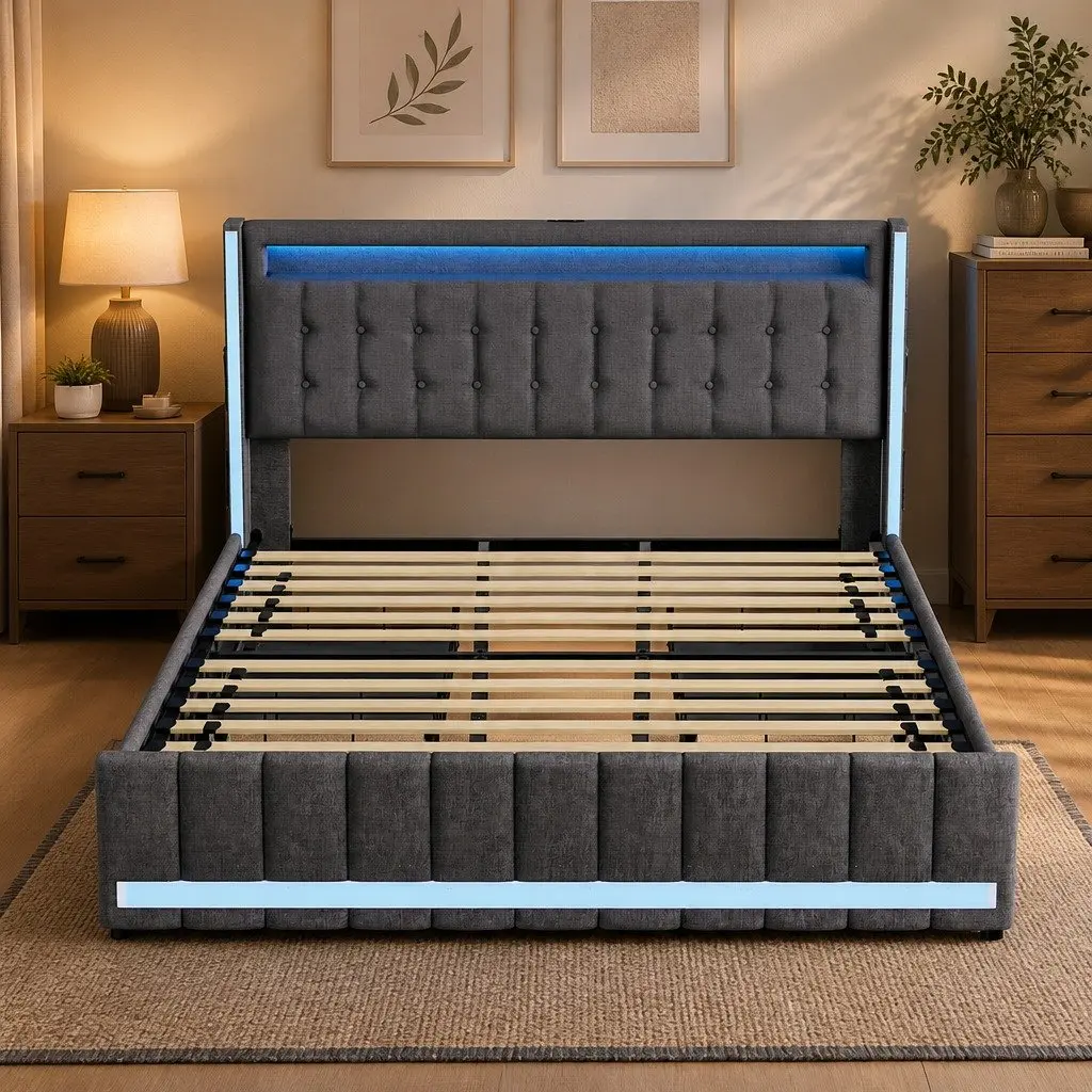 King Bed Frame Grey 212cm x 191cm Storage Drawers USB Charging Ports LED Headboard