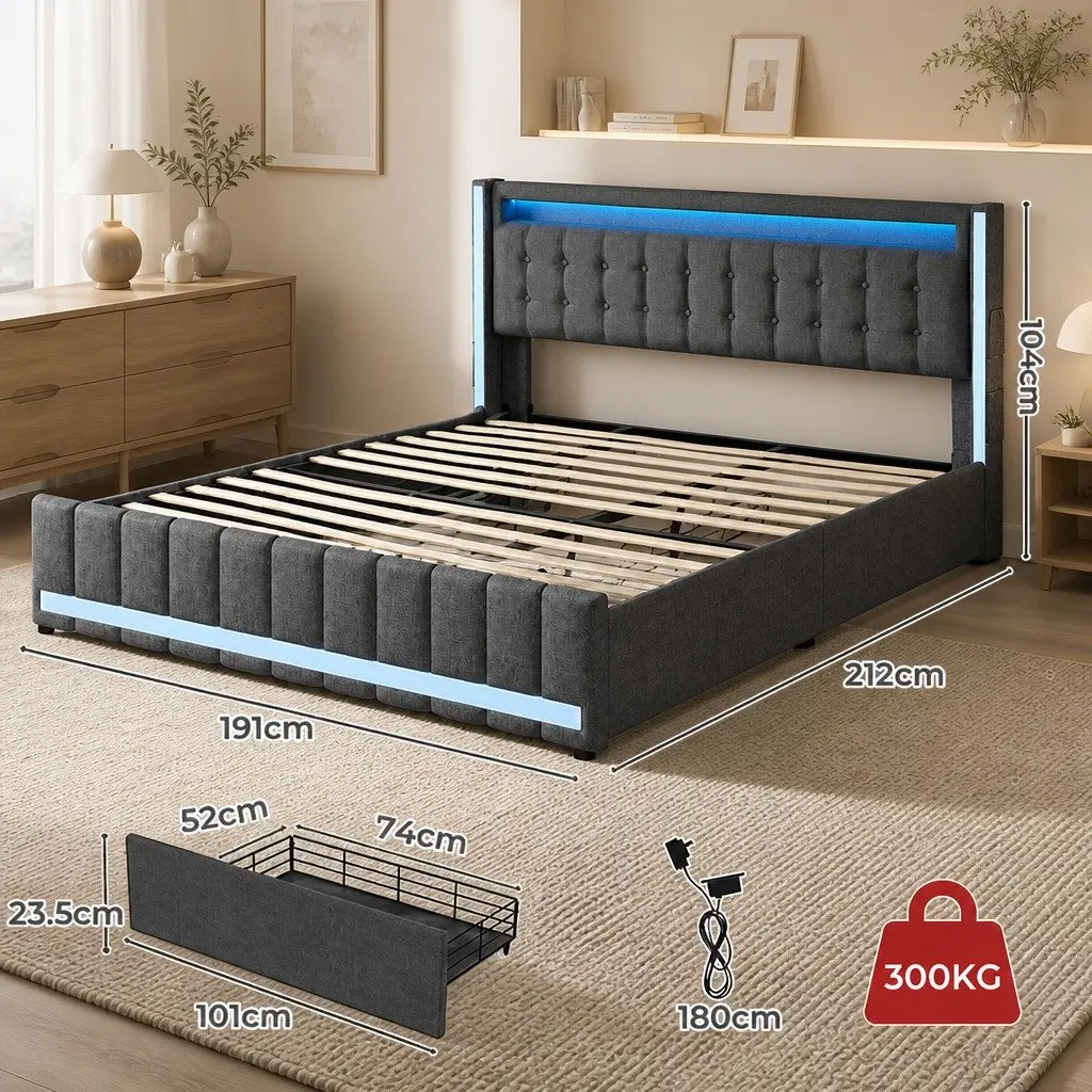 King Bed Frame Grey 212cm x 191cm Storage Drawers USB Charging Ports LED Headboard