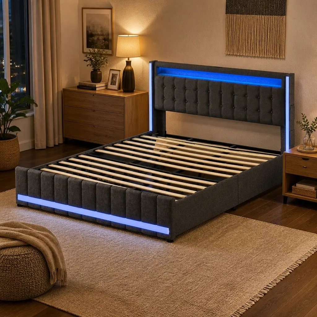 King Bed Frame Grey 212cm x 191cm Storage Drawers USB Charging Ports LED Headboard