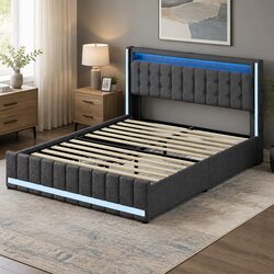 Queen Bed Frame with Storage Drawers LED Headboard USB Power Outlets Gray