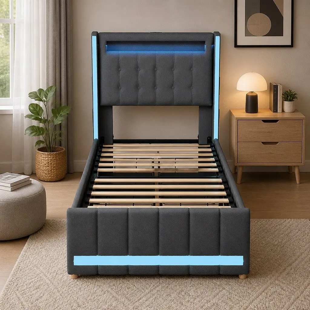Single Bed Frame with Integrated USB & Storage