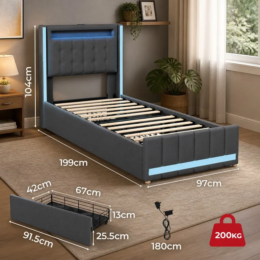 Single Bed Frame with Integrated USB & Storage