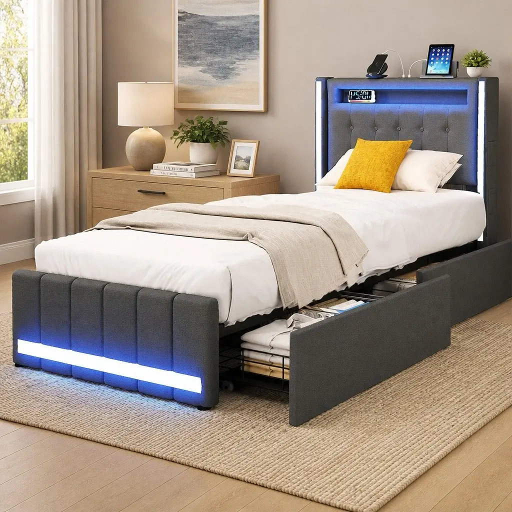 Single Bed Frame with Integrated USB & Storage