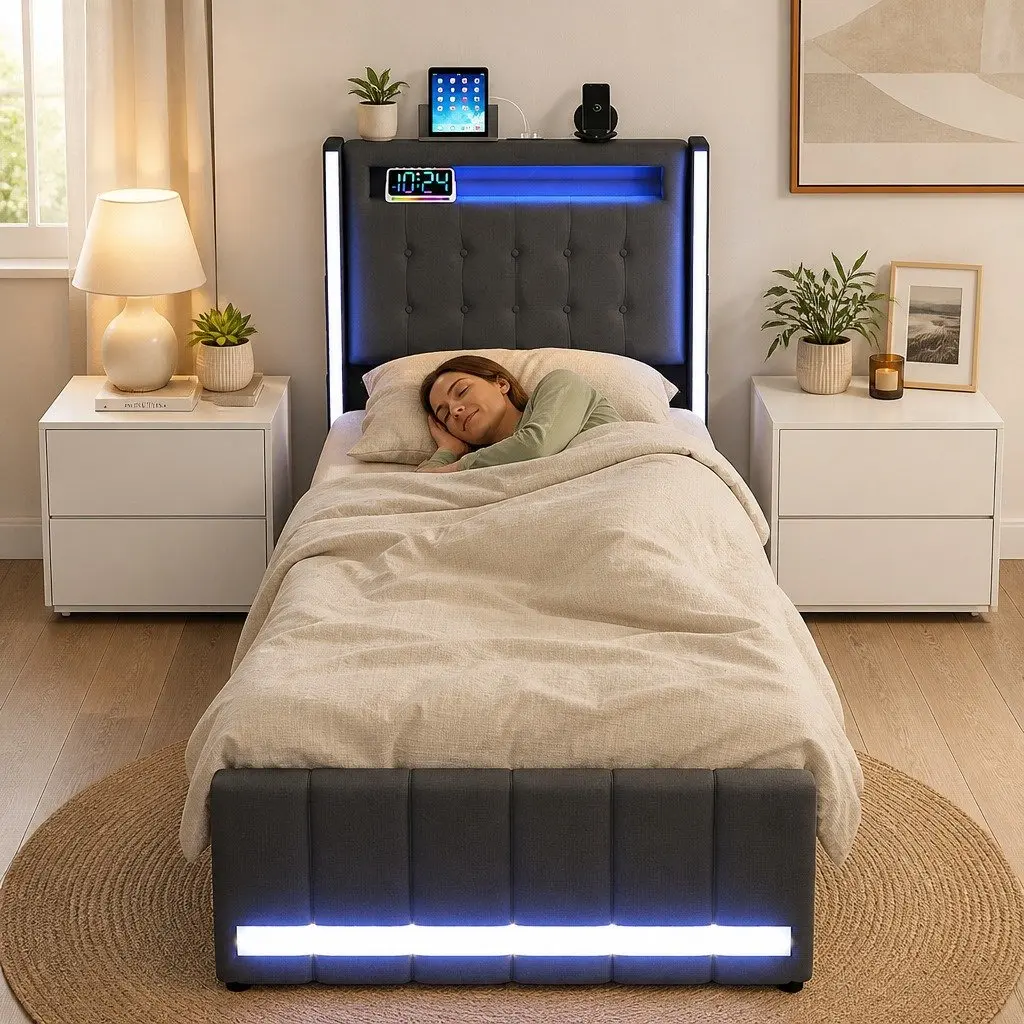 Single Bed Frame with Integrated USB & Storage