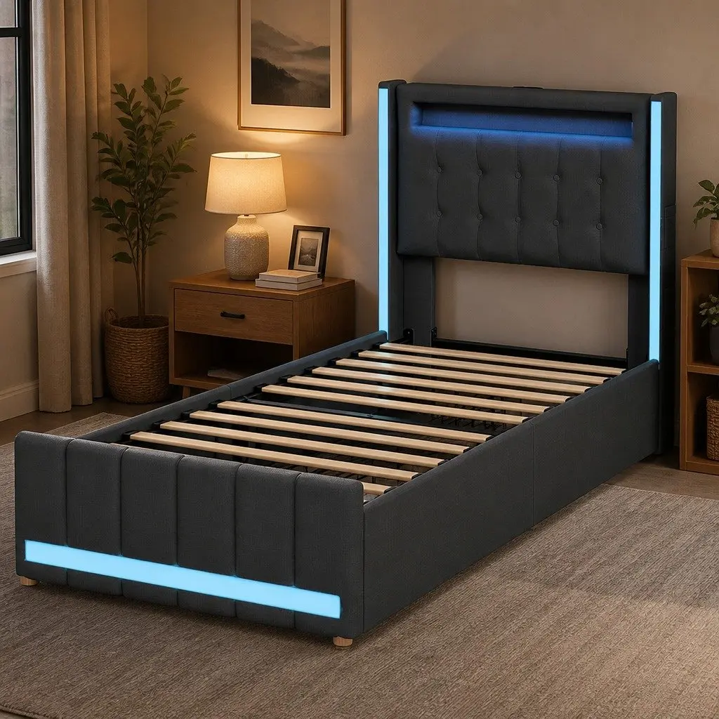 Single Bed Frame with Integrated USB & Storage