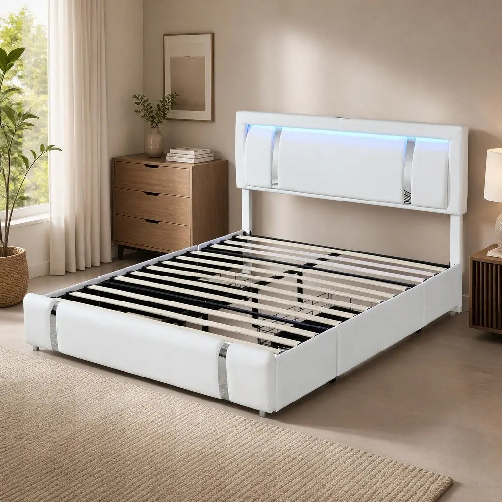 King Bed Frame White Adjustable Leather Headboard RGB LED Lights USB Charging 2 Side Drawers