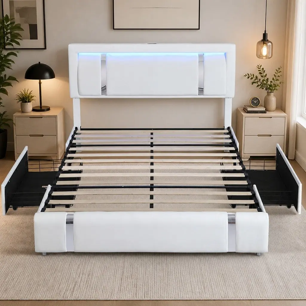 King Bed Frame White Adjustable Leather Headboard RGB LED Lights USB Charging 2 Side Drawers