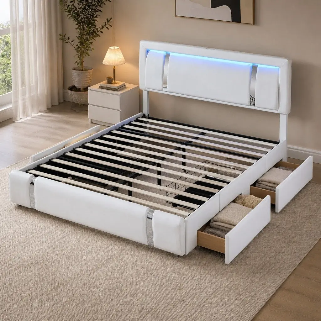 King Bed Frame White Adjustable Leather Headboard RGB LED Lights USB Charging 2 Side Drawers