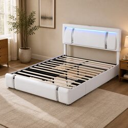 Compact Queen Bed Frame with LED Light and USB Ports