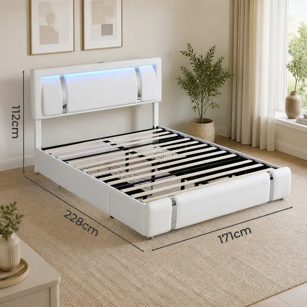 Queen Bed Frame White Adjustable Headboard USB Charging LED Light Storage Drawers