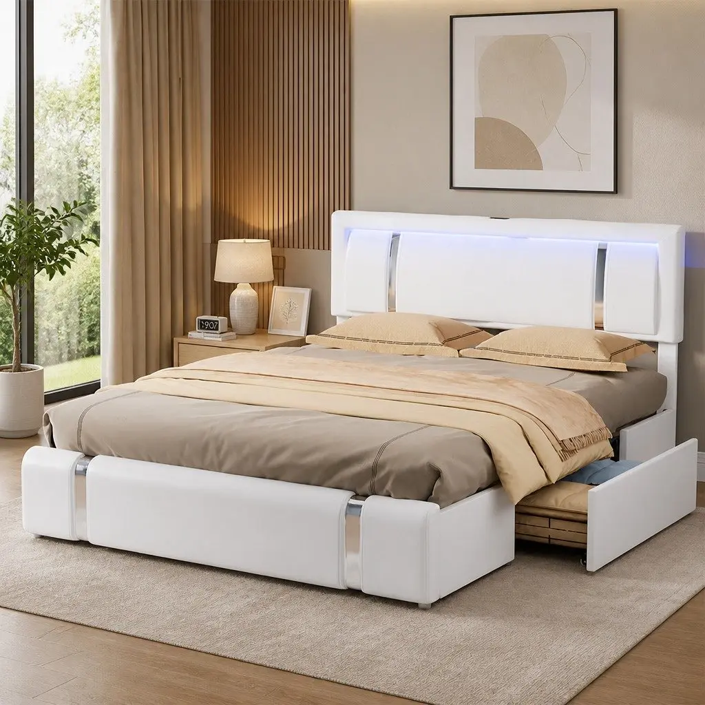 Queen Bed Frame White Adjustable Headboard USB Charging LED Light Storage Drawers