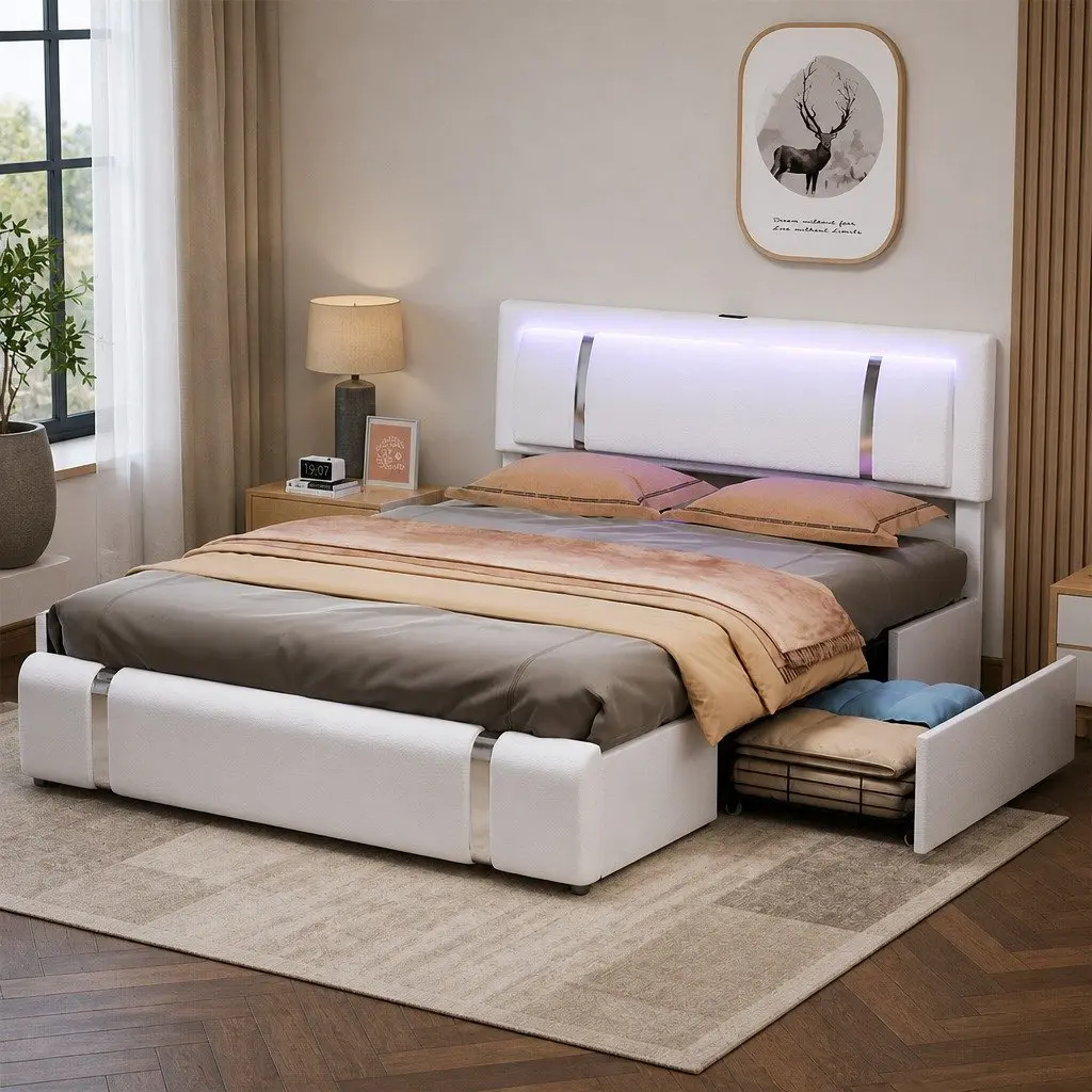 Queen Bed Frame White Adjustable Headboard USB Charging LED Light Storage Drawers