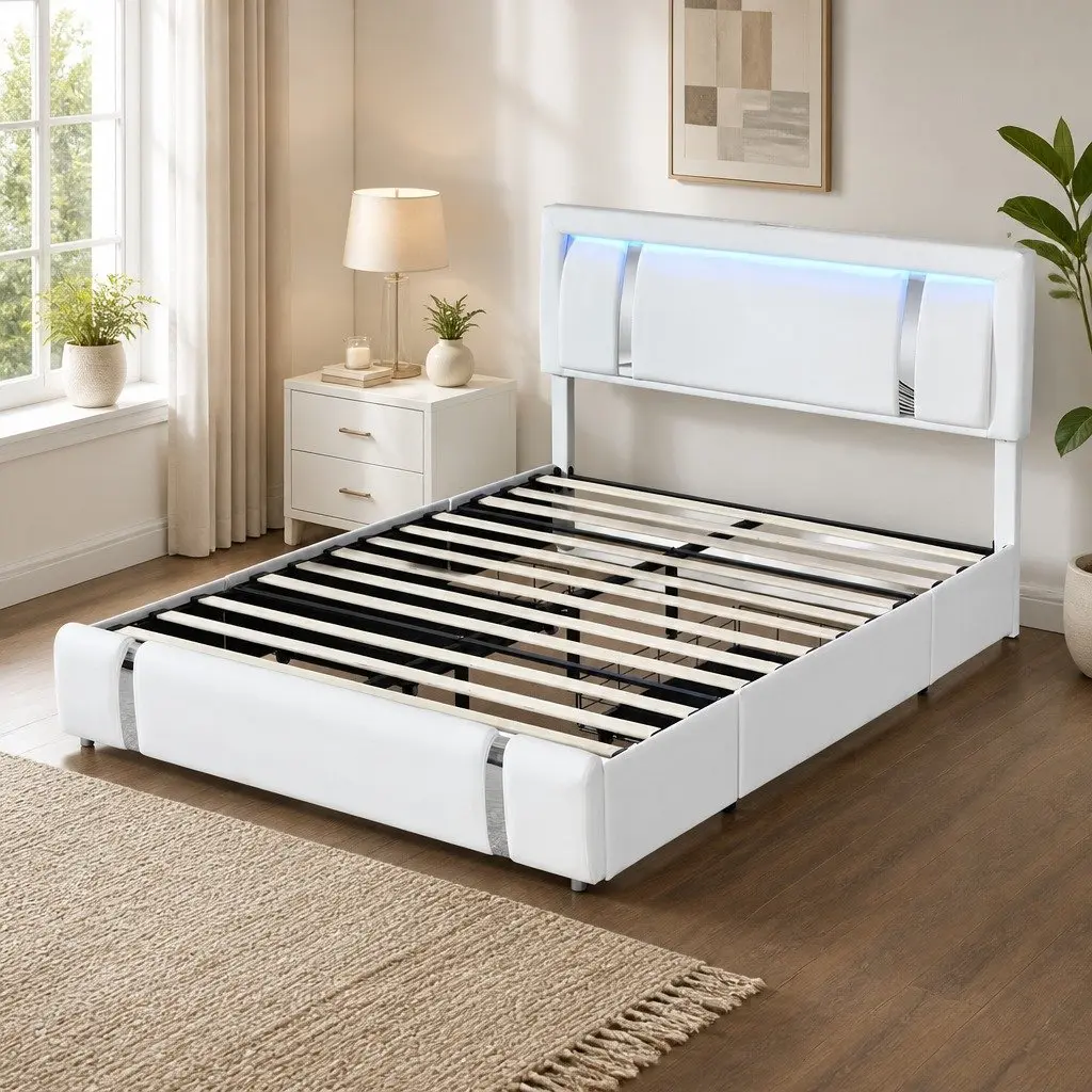 Queen Bed Frame White Adjustable Headboard USB Charging LED Light Storage Drawers