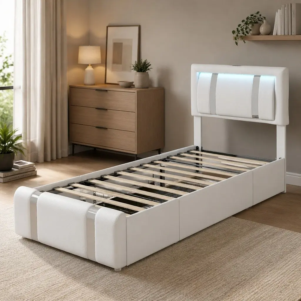 Single Bed Frame with LED Lights and Two Drawers