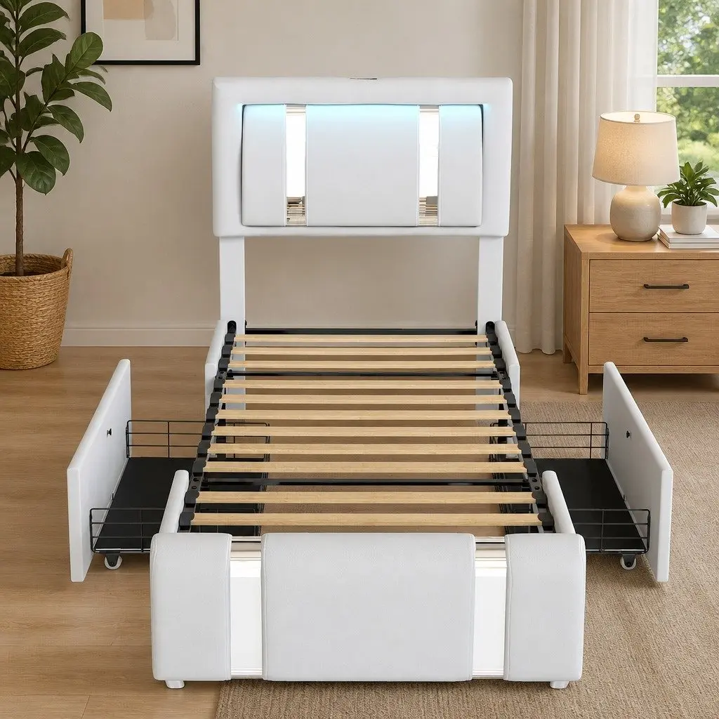 Single Bed Frame with LED Lights and Two Drawers