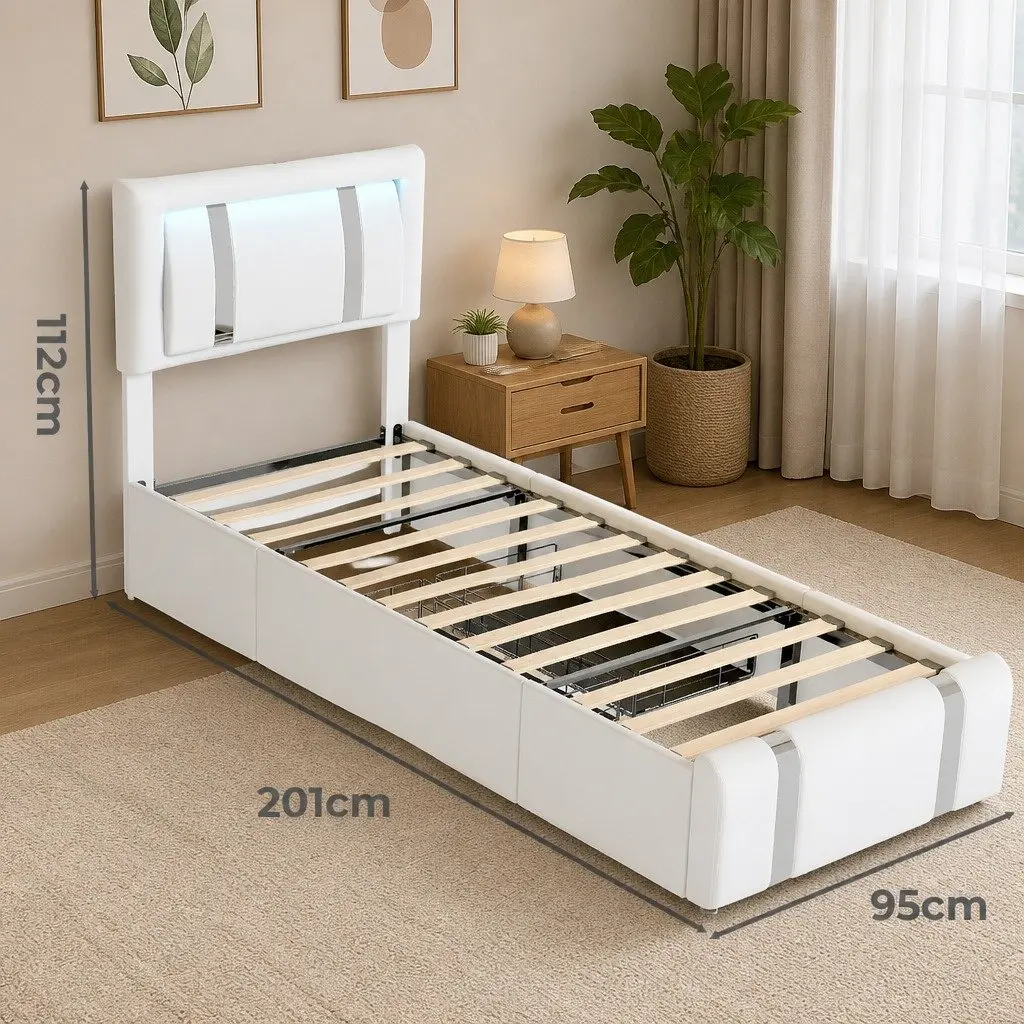 Single Bed Frame with LED Lights and Two Drawers