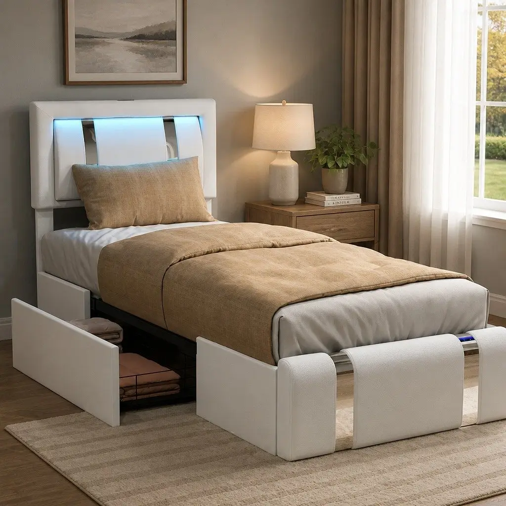 Single Bed Frame with LED Lights and Two Drawers
