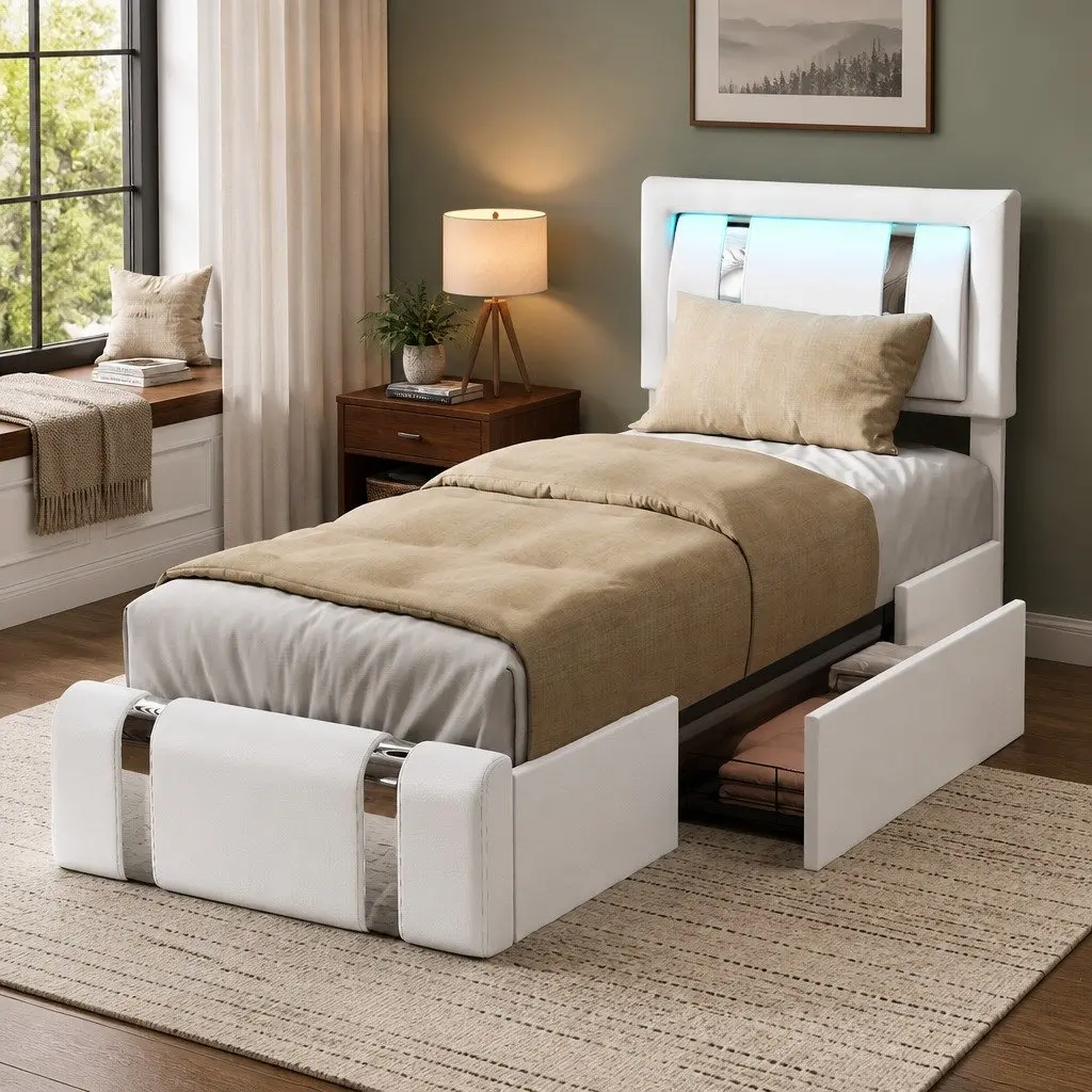 Single Bed Frame with LED Lights and Two Drawers