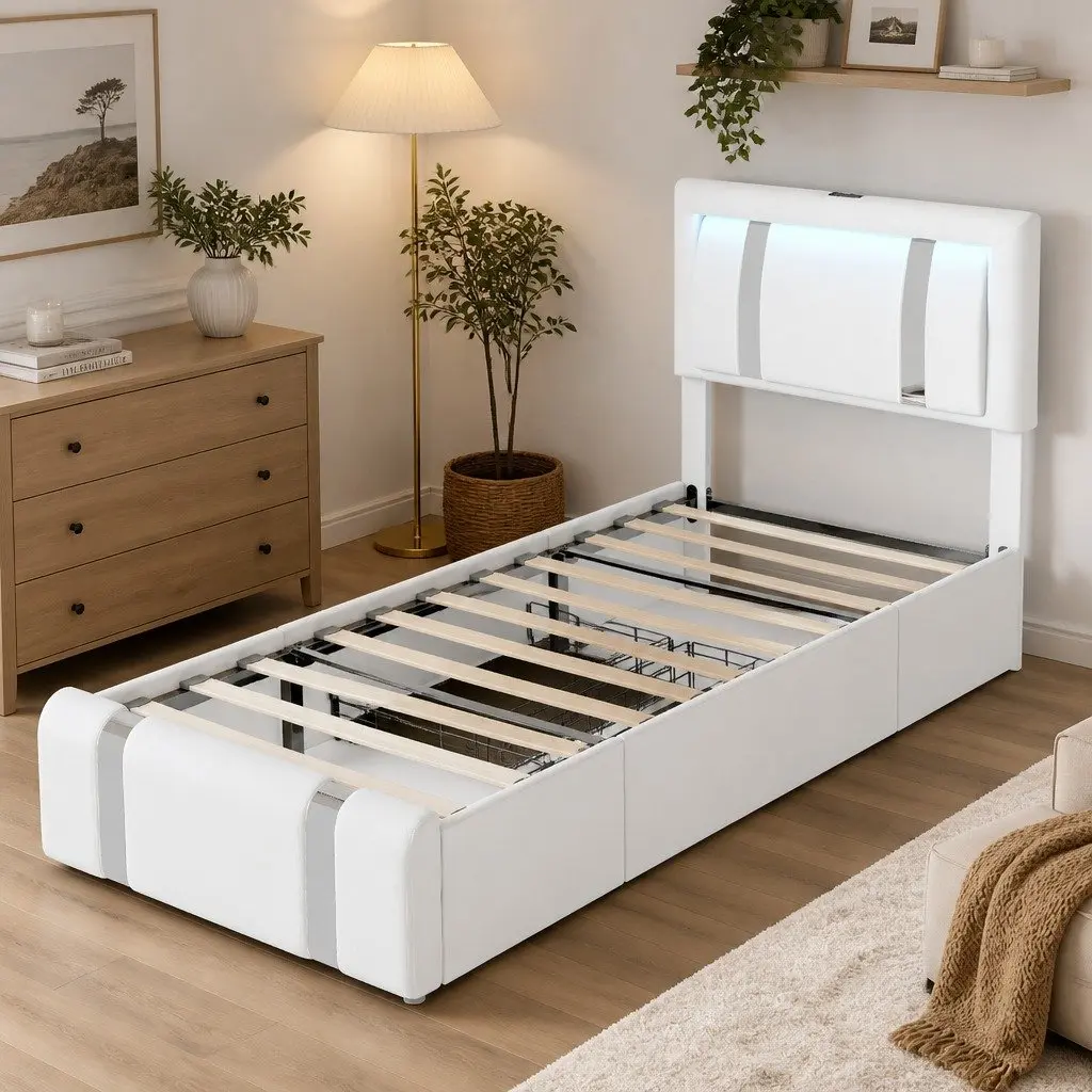 Single Bed Frame with LED Lights and Two Drawers