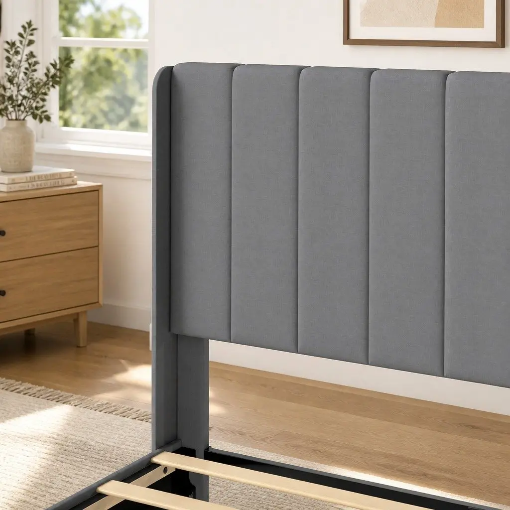 Queen Bed Frame Grey Upholstered Headboard Metal Wooden Slats Platform 11.7cm Underbed Clearance